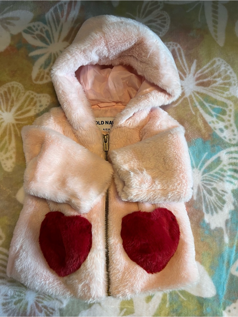 Old Navy Pink Faux Fur Hooded Coat with Red Heart Pockets